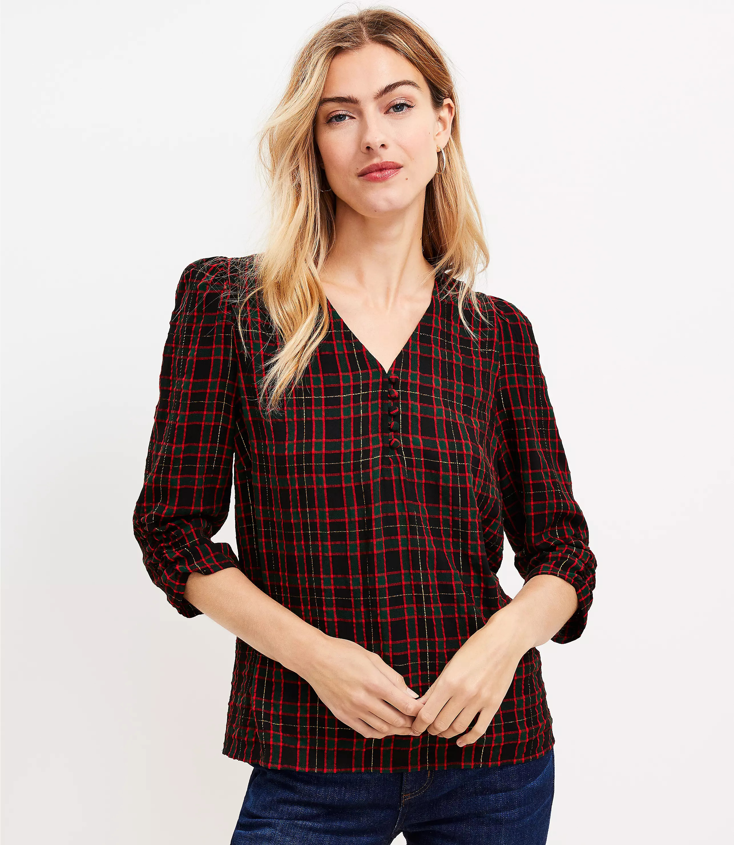 Shimmer Plaid Shirred V-Neck Blouse | LOFT