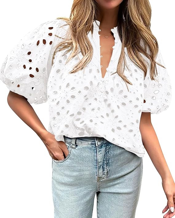 BTFBM Womens Blouses Summer Hollow Out Eyelet Embroidery Tops V Neck Buttons Puff Sleeve Boho Shi... | Amazon (US)