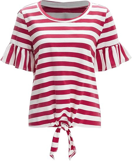 Romwe Women's Short Sleeve Tie Front Knot Casual Loose Fit Tee T-Shirt | Amazon (US)