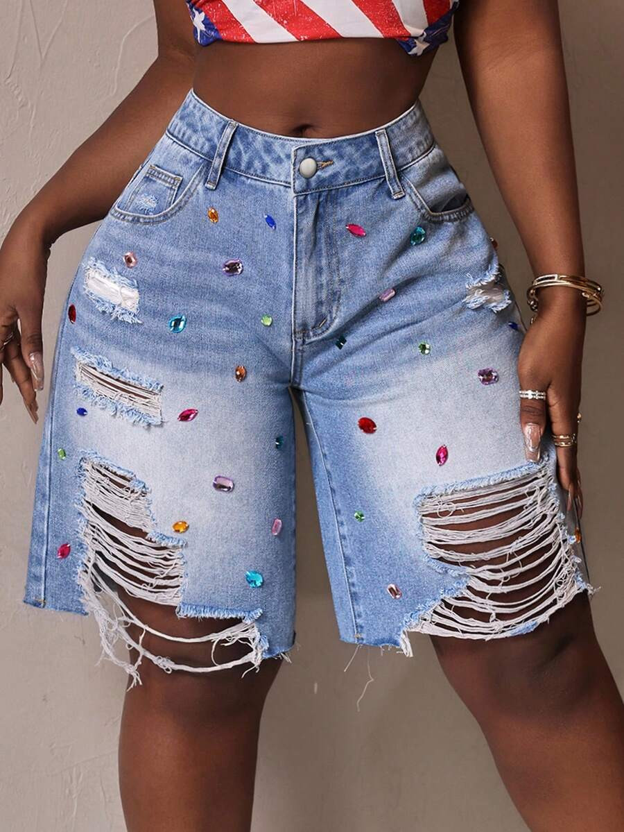 SHEIN Tall CURVE Plus Size Summer Fashion Rhinestone Decor Distressed Denim Shorts | SHEIN