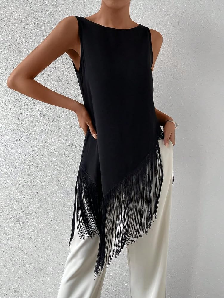 SHENHE Women's Sleeveless Fringe Hem Tank Top Crew Neck Asymmetrical Hem Dressy Shirts | Amazon (US)