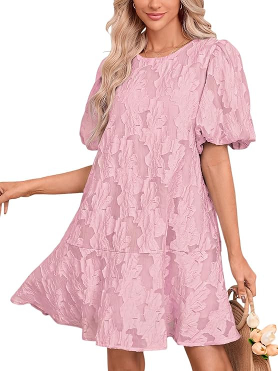 Women's Floral Jacquard Summer Mini Dress Short Puff Sleeve A-Line Babydoll Ruffle Sundress | Amazon (US)