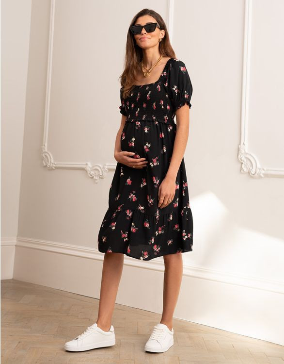 Black Floral Shirred Maternity & Nursing Dress | Seraphine UK