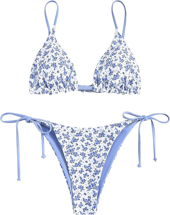ZAFUL Women's Triangle Bikini Floral String Bikini Set Two Piece Swimsuit Bathing Suits | Amazon (US)