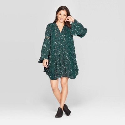 Women's Floral Print Long Sleeve Split Neck Mini Shirtdress - Knox Rose™ Green | Target