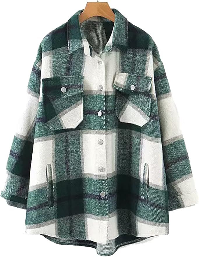 Lviefent Womens Casual Wool Blend Plaid Flannel Shackets Jacket Button Down Shirt Coat | Amazon (US)