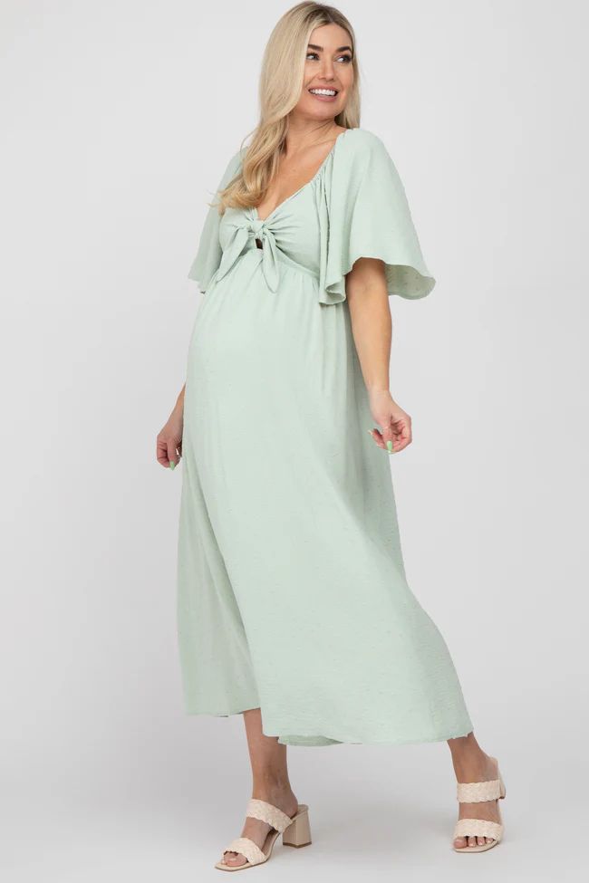 Mint Green Textured Dot Front Tie Ruffle Sleeve Maternity Midi Dress | PinkBlush Maternity