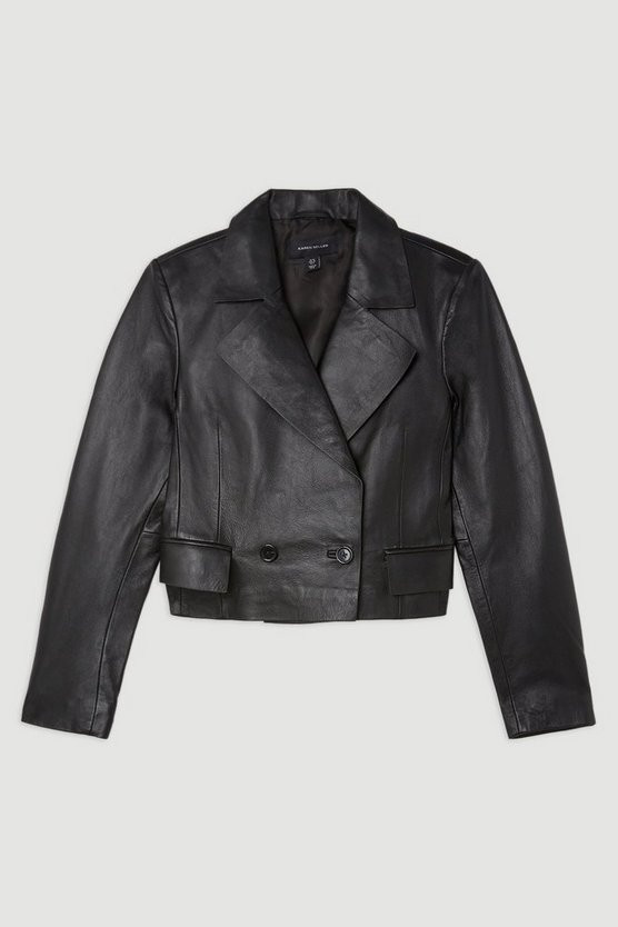 Leather Tab Detail Double Breasted Cropped Blazer | Karen Millen UK + IE + DE + NL
