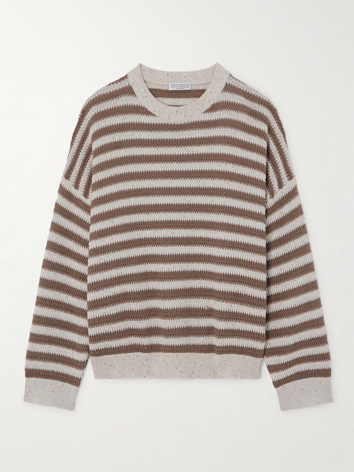 Brunello Cucinelli - Sequin-embellished Striped Cotton-blend Sweater - Brown | NET-A-PORTER (US)