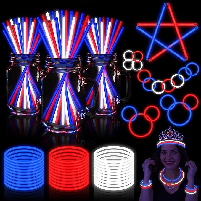 Honoson 150 Pcs 4th of July Glow Stick with Connectors Bulk Patriotic Red White Blue 8 in Bracele... | Amazon (US)