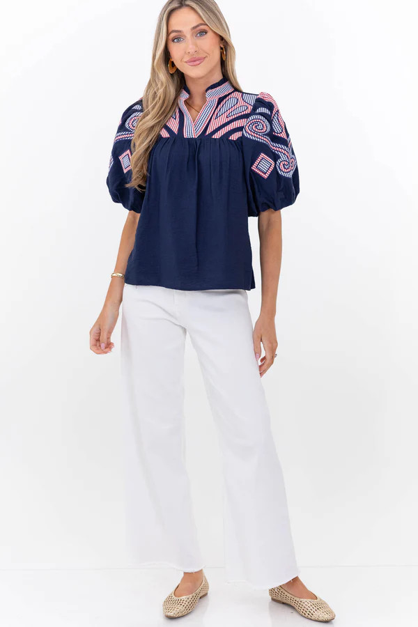 THML: Go Anywhere Navy Embroidered Blouse | The Mint Julep Boutique