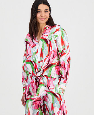 Petite Printed Long-Sleeve Tie-Front Blouse | Macy's