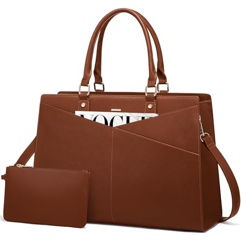 LOVEVOOK Laptop Tote Bag for Women, Leather Business Office Work Bag Computer Briefcase with Small Clutch fit for 15.6 Inch Laptop Brown | Amazon (US)