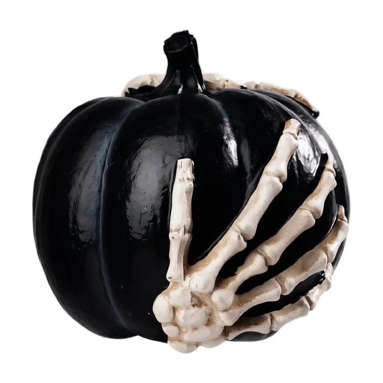 Halloween Black Pumpkin Decor, Black Glossy Pumpkin with Skeleton Hands Figurine, Spooky Gothic T... | Walmart (US)
