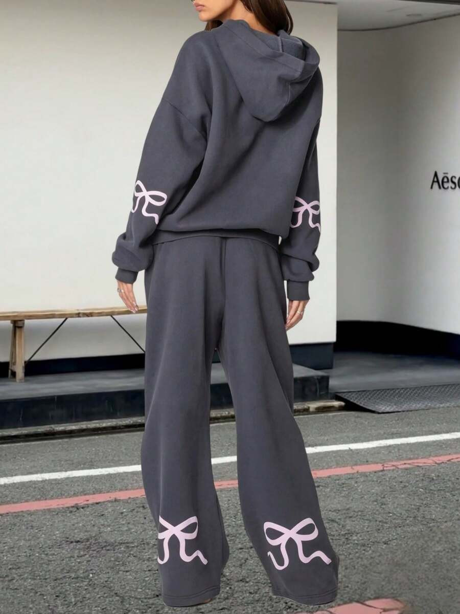 Women's Y2k 2 Piece Outfits Casual Long Sleeve Bow Print Graphic Hoodie Tops And Wide Leg Pants S... | SHEIN