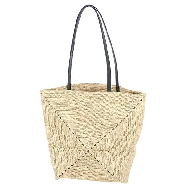 Loewe Puzzle Fold Tote Bag Raffia Calf Leather Natural Black | eBay US