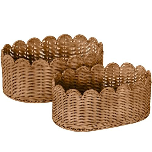 BEBE BASK Premium Scalloped Basket Set Of 2 - Scallop Basket - 16 x 10 x 7 Inch - Hand-Woven Elegant Wicker With Scalloped Edge - Nursery Storage (Mocca) | Amazon (US)