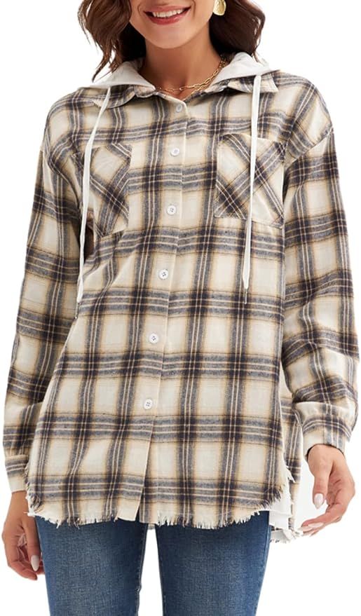 LIUMILAC Women Long Sleeve Button Down Shirts Plaid Hoodie Blouse Two Pockets | Amazon (US)