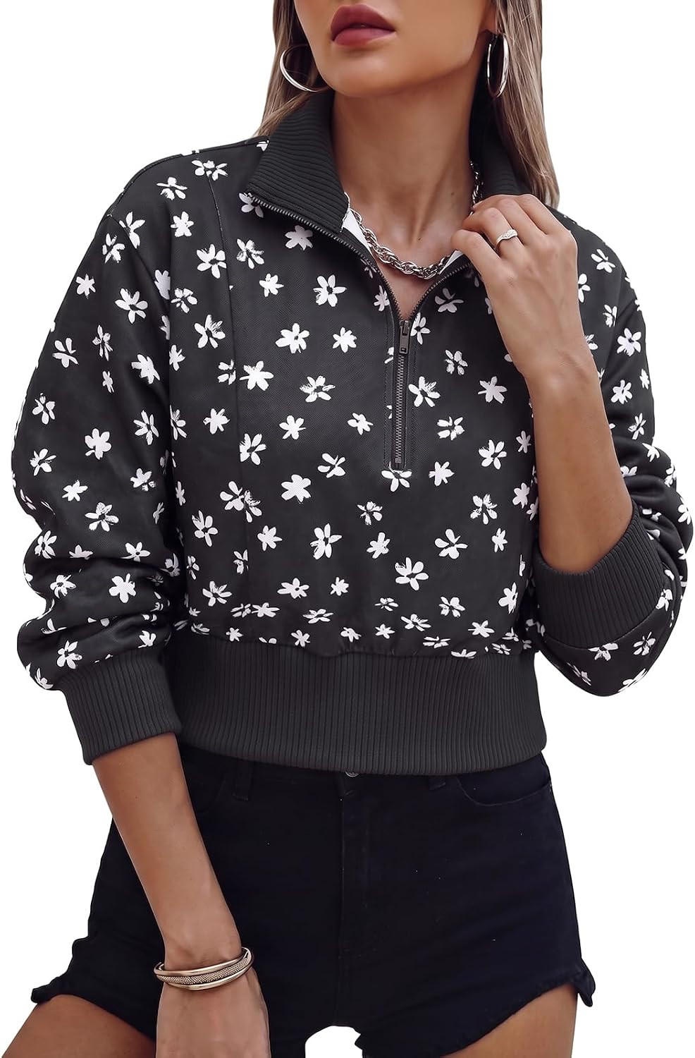 Fisoew Womens Half Zip Crop Pullover Sweatshirt Stripe Long Sleeve Jacket | Amazon (US)