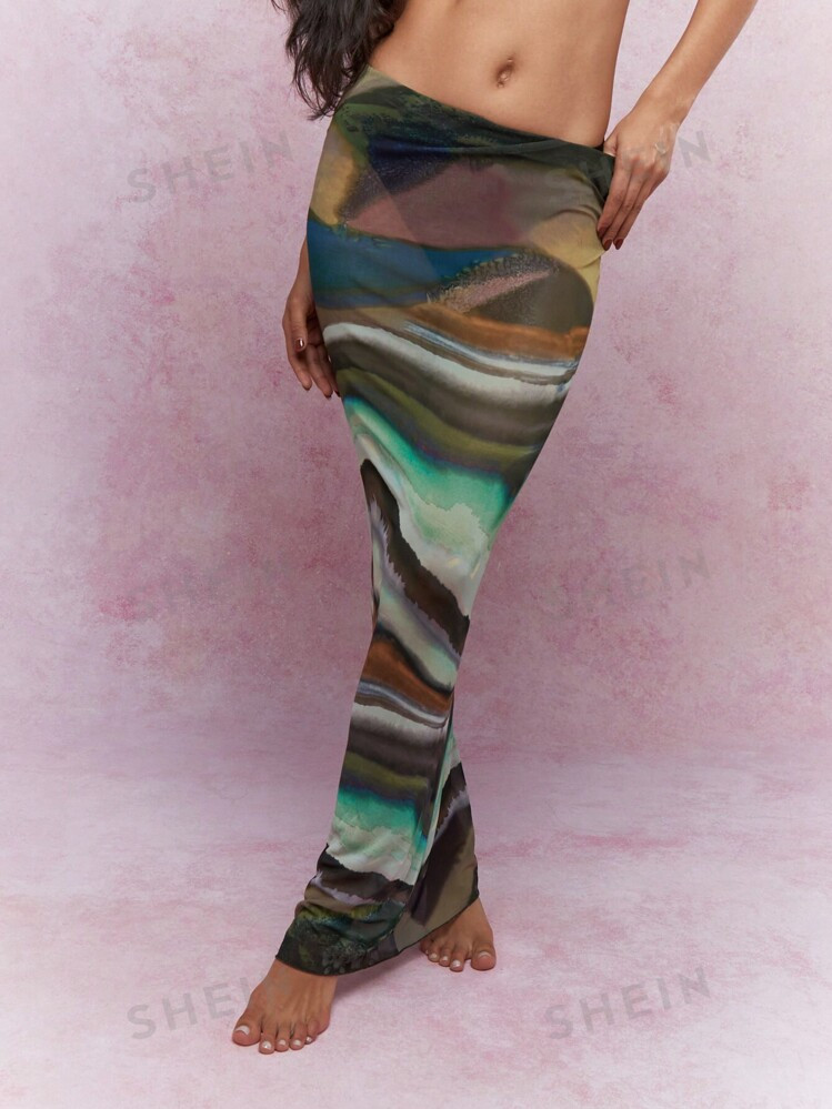 MISSGUIDED Sheer Mesh Printed Bodycon Maxi Skirt | SHEIN