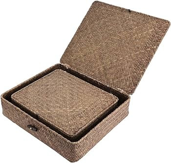 Hipiwe Set of 2 Flat Woven Wicker Storage Bins with Lid Natural Seagrass Basket Multipurpose Home... | Amazon (US)