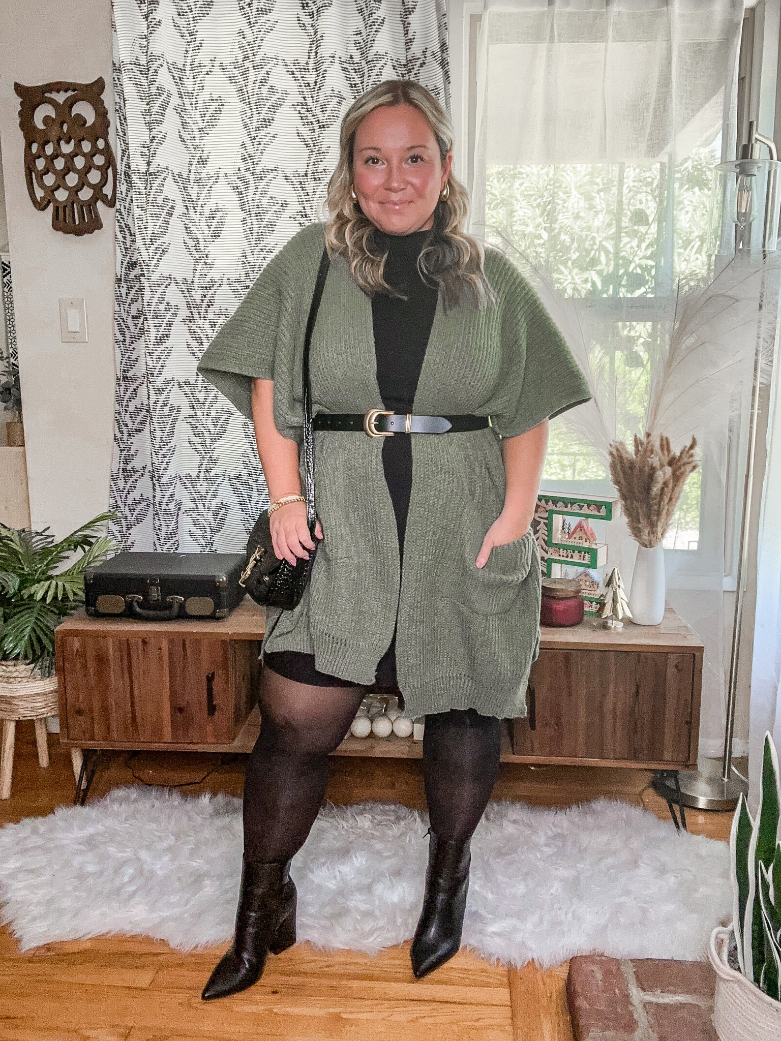 Midsize & curvy thanksgiving outfit 
Workwear outfit, fall outfit 
Walmart knit skater dress size large 
Cape one size 
Booties size up 
Tights are Sheertex 

#LTKworkwear #LTKover40 #LTKmidsize