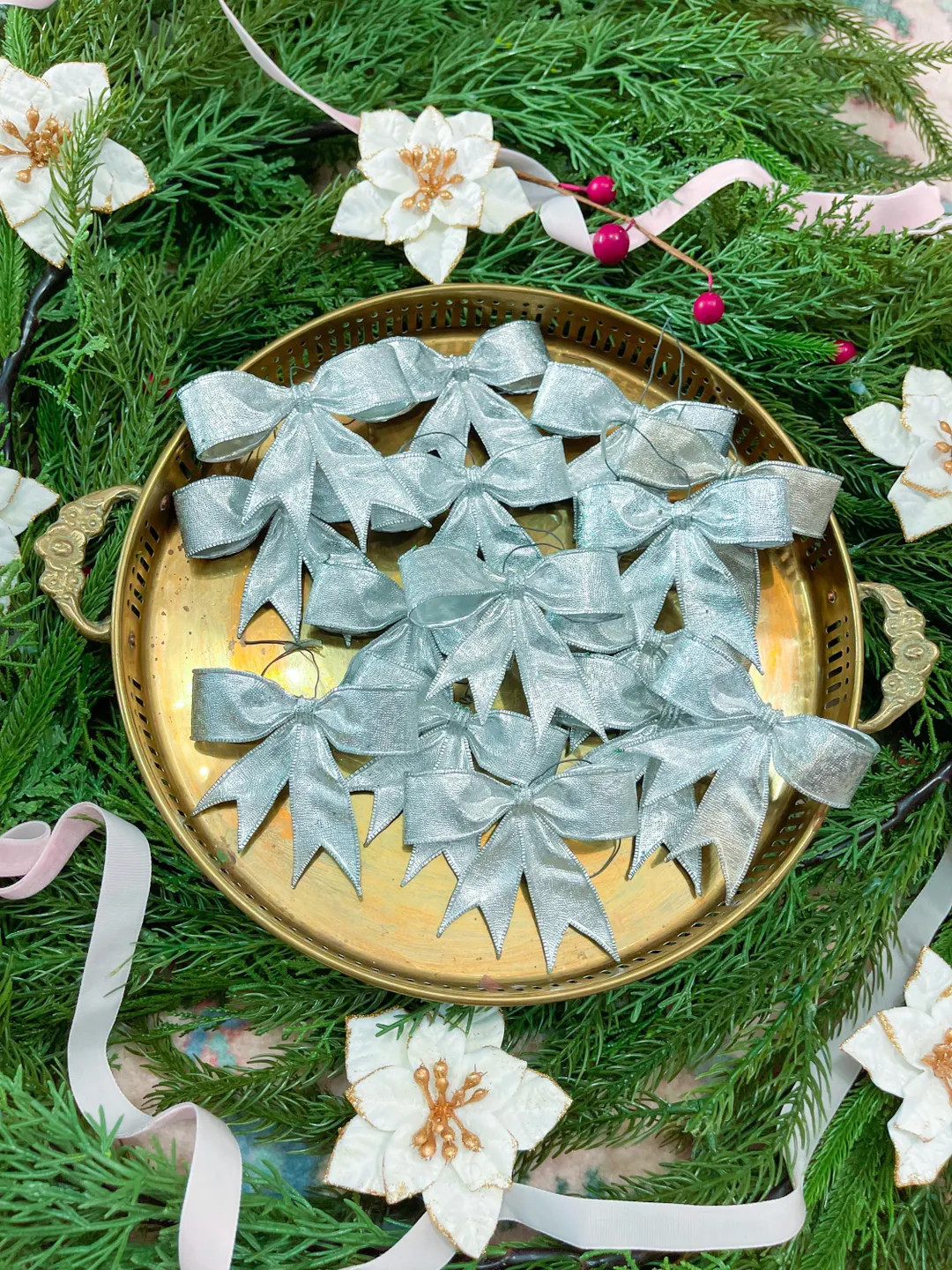 Set of 15 Vintage Silver Crepe Bow Ornaments Chinoiserie Chic Home Decor Grandmillennial Style Mi... | Etsy (US)