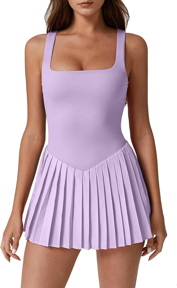 QINSEN Womens Square Neck Tennis Dress Pleated Sleeveless Built in Shorts Golf Athletic Dress wit... | Amazon (US)