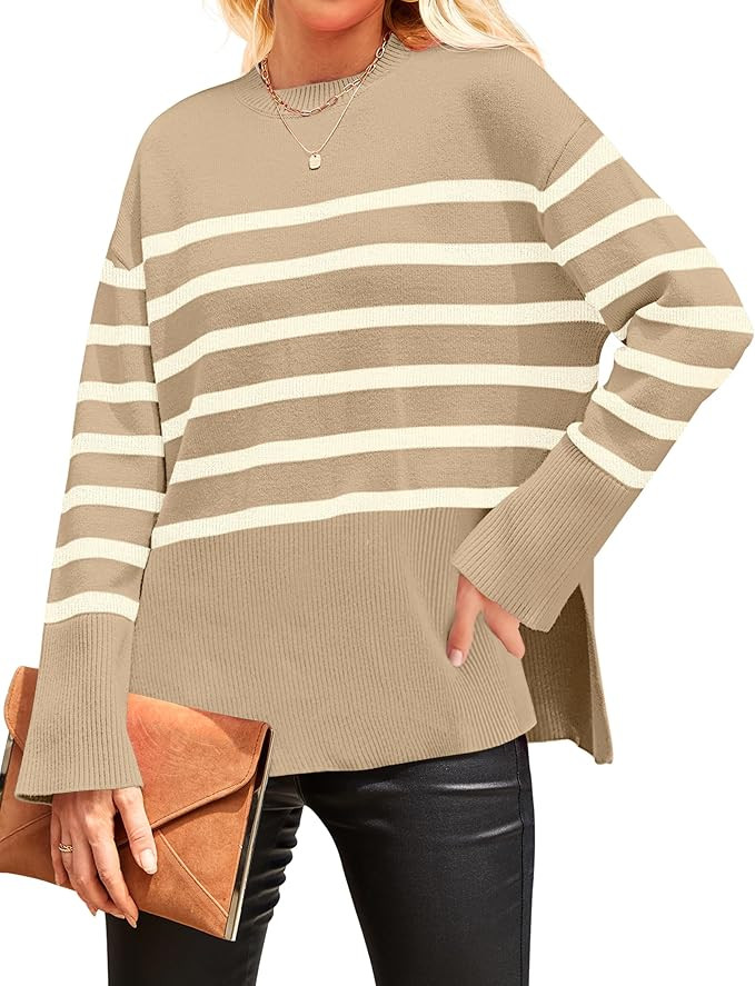 ZESICA Women's 2023 Fall Winter Striped Long Sleeve Crew Neck Ribbed Knit Side Slit Oversized Pul... | Amazon (US)
