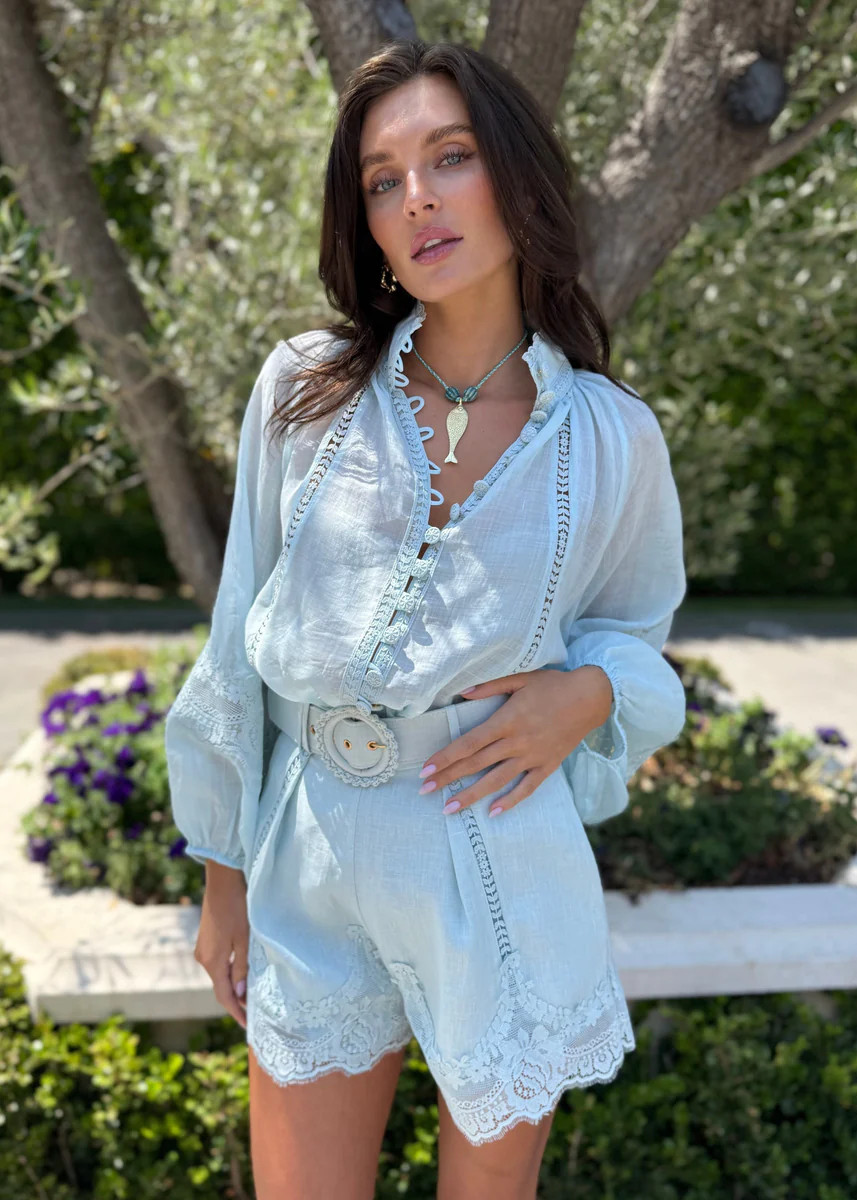 Lorna Sky Blue Linen and Lace Button Down Top | Benaar La