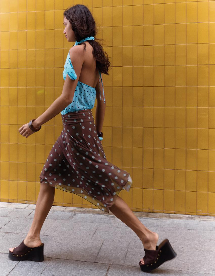 Asymmetric polka dot midi skirt - Women | Bershka UK