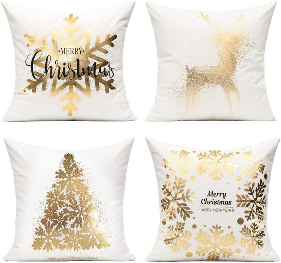 All Smiles Christmas Decorations Gold White Throw Pillow Covers Cases 18X18 Set of 4 Winter Snowf... | Amazon (US)