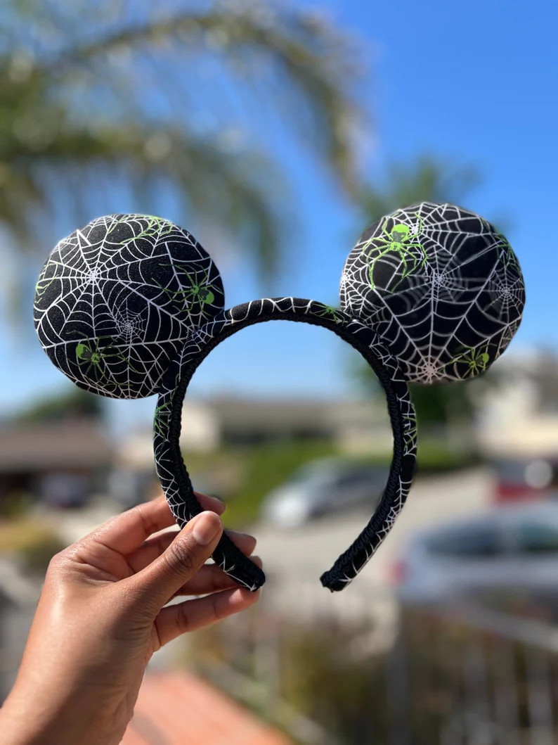 Spider Web Halloween Mouse Ears with Neon Sequins Bow | Etsy (US)