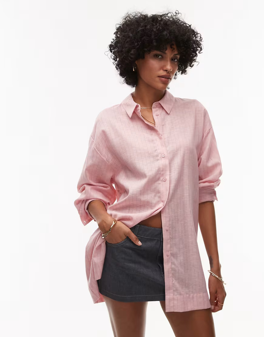 Topshop linen look shirt in pink with blue pinstripe | ASOS (Global)