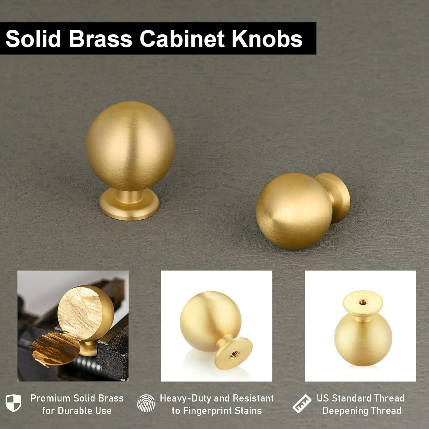 QOGRISUN 10-Pack Solid Brass Cabinet Knobs, Round Ball Gold Knobs for Dresser Drawer, 1.1-Inch Di... | Amazon (US)