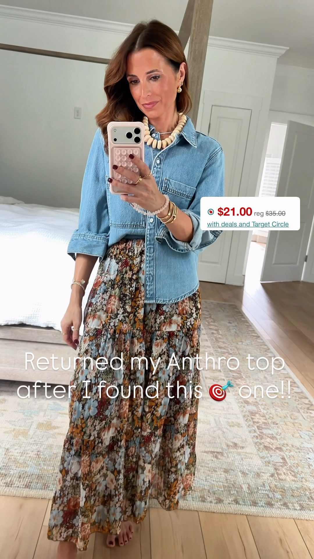 New at Target! Slim fitting denim top with functional buttons. Wearing XS in top and small in floral maxi skirt. Fall outfit. Elevated casual outfit. Everyday outfit. Fall style. Fall tops. Fall skirts. Family photo outfit.