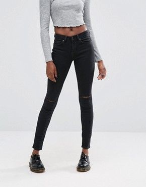 ASOS Ridley Skinny Jeans In Clean Black With Displaced Ripped Knees | ASOS UK