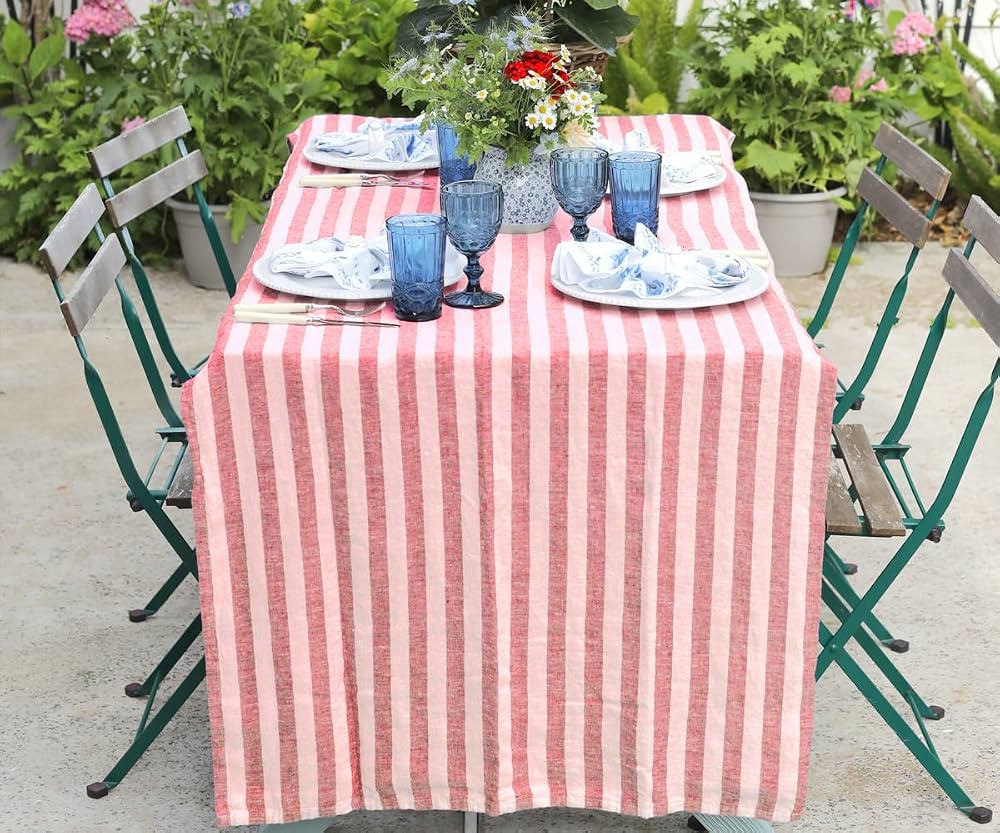 Red Linen Tablecloth, 100% Pure Linen Striped Tablecloth, Extra Long Fabric Tablecloth, Linen Tab... | Amazon (US)