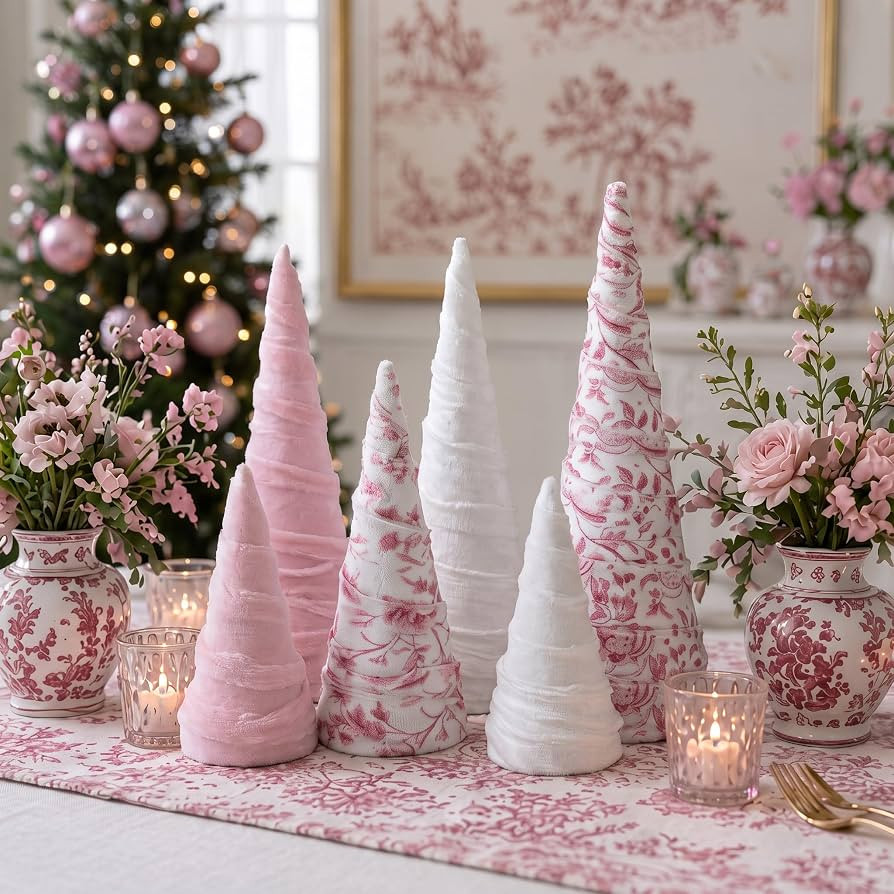 Civaner 6 Pcs Pink Christmas Tree Decor Floral Chinoiserie Velvet Trees Set | Amazon (US)