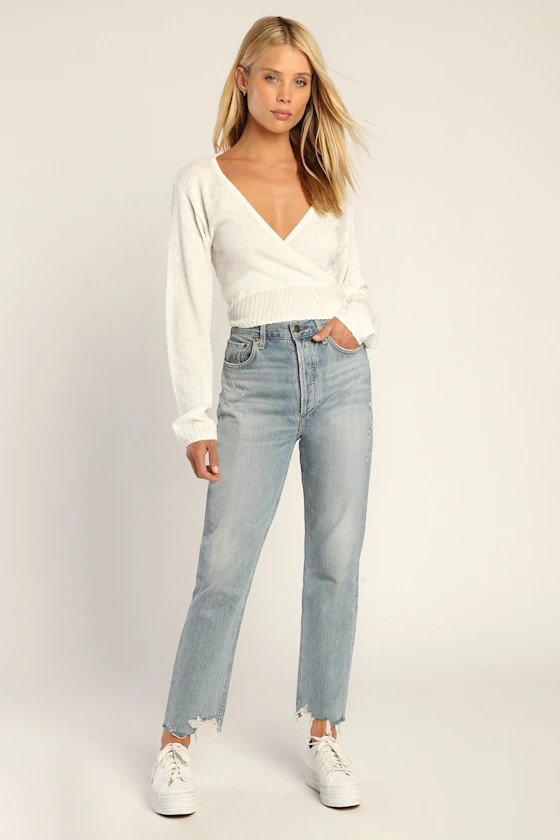 Perfectly Promising White Long Sleeve Surplice Sweater | Lulus (US)