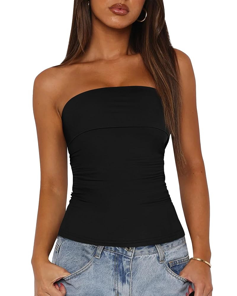 BTFBM Womens Strapless Tube Tops Summer Spring Clothes 2025 Trendy Casual Ruched Stretchy Going O... | Amazon (US)