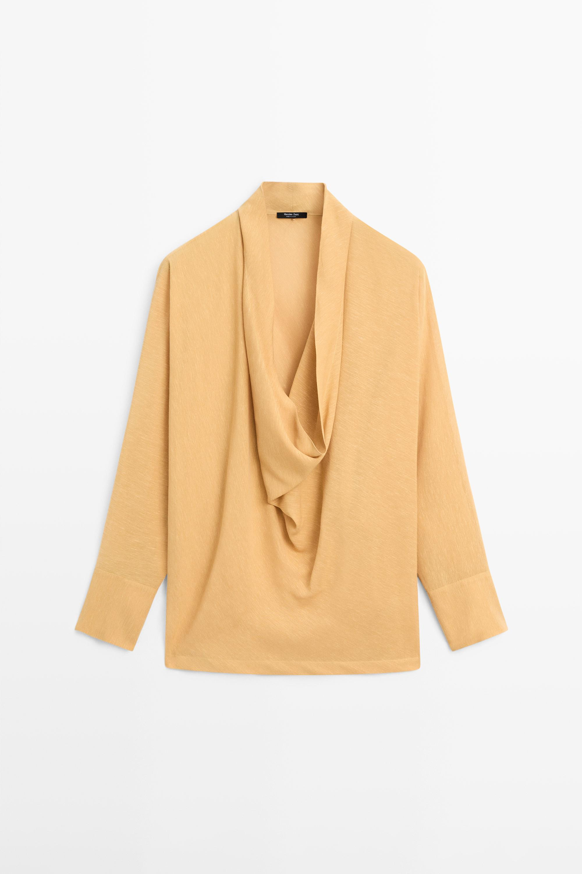 Flowing blouse with draped neckline - MUSTARD YELLOW | Massimo Dutti UK