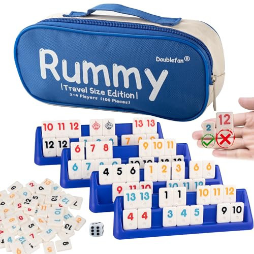 Doublefan Mini Rummy Cube Set, Mini Size Rummy Game with Portable Bag, Small Travel Game for Adult and Kids,106 Tiles, 4 Playing Rack, 1 Dice (2-4 Players) | Amazon (US)
