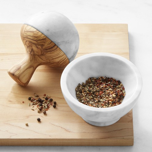 Williams Sonoma White Marble Mortar and Pestle, Olivewood | Williams-Sonoma