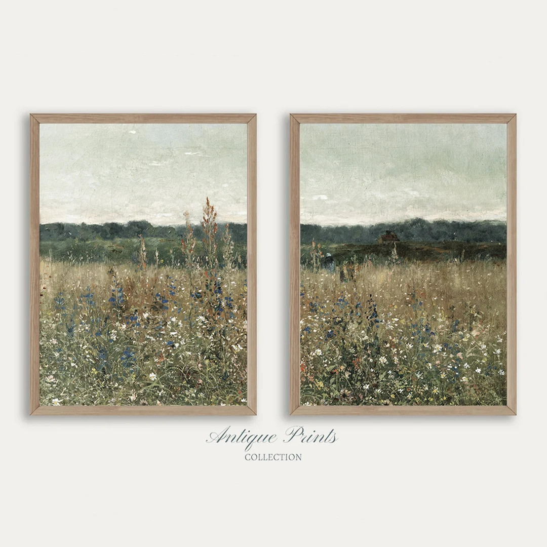 Wildflower Field Set of 2 Prints, Country 2 Pieces Vintage Wall Art, Landscape Painting, Neutral ... | Etsy (US)
