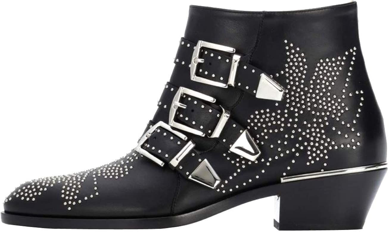 Ankle Boots Womens Genunie Leather Rivet Studded Buckle Strap Designer Boot Low Heel Booties | Amazon (US)