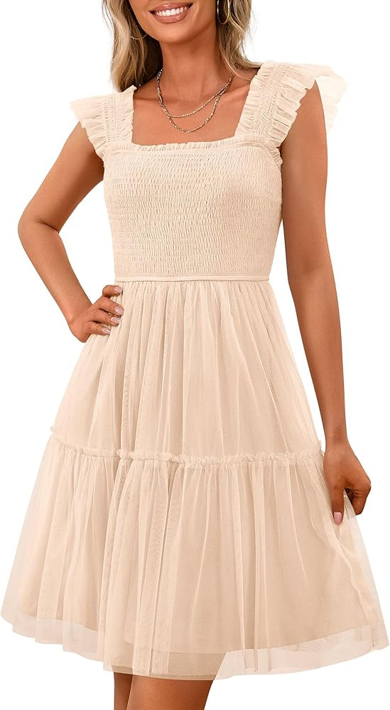 PRETTYGARDEN Womens 2025 Trendy Mini Summer Dresses Sleeveless Tulle Ruffle Square Neck Tiered Sm... | Amazon (US)