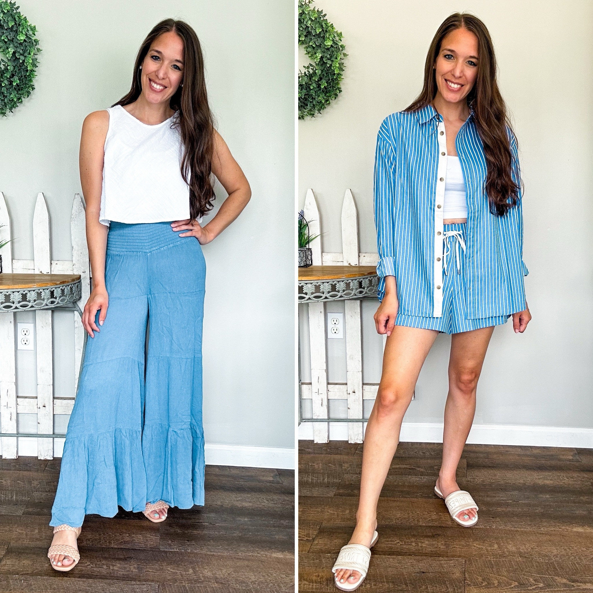 Summer vacation looks! These flowy pants are so stretchy and comfortable! Wearing XS! 
My tank had a cute A line shape, line material! Comes in a pretty green color as well! Size small 
My two piece set is the cutest! So comfy and easy to throw on over a bathing suit as well! Wearing XS in both! Oh, and had the cutest smiley face on the back ! 
Sandals tts 

#LTKStyleTip #LTKFindsUnder50 #LTKFindsUnder100