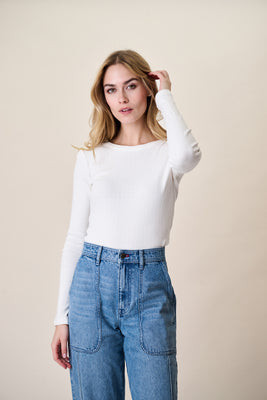 Pointelle Long Sleeve Crewneck - White | Marea