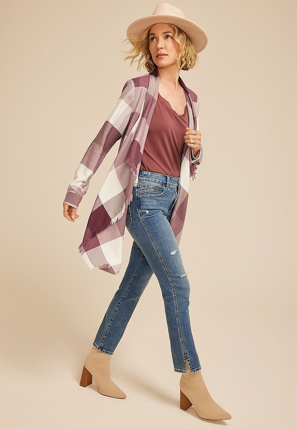 Plaid Open Front Waterfall Cardigan | Maurices